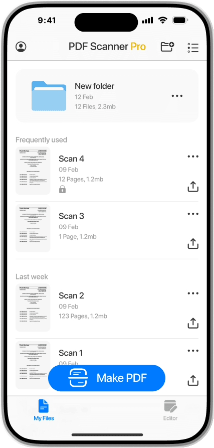 The file list with recent scans and a Make PDF button