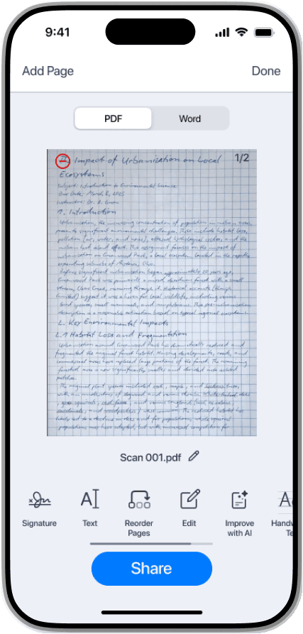A handwritten page recognised by OCR with a PDF and Word toggle