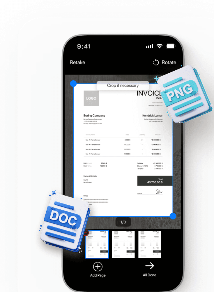 Cropping a captured invoice before adding the next page